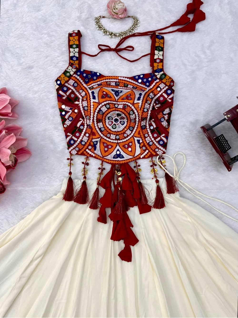 Handcrafted Red & White Strapless Festive Dress